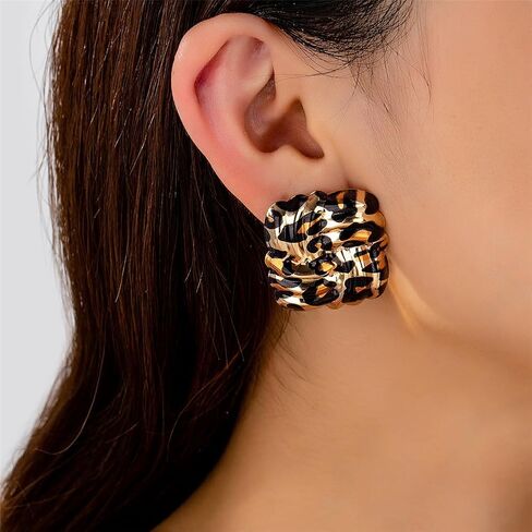 Retro Geometric Rectangle Leopard Print Stud Earrings for Women Gold Plated Vintage Square Animal Print Statement Studs Hypoallergenic Unique Design Fashion Trendy Jewelry in Saudi Arabia