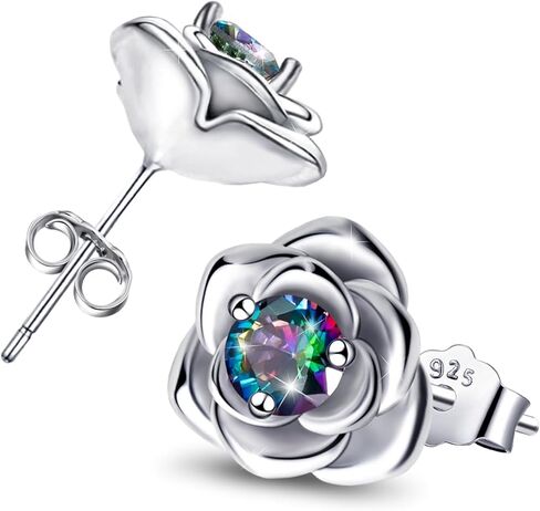Rose Earrings for Women - Sterling Silver Stud Earrings Hypoallergenic Colorful Cubic Zirconia Rose Flower Post Earrings for Sensitive Ears Classic Lightweight Jewelry Gifts for Mother Wife in Saudi Arabia