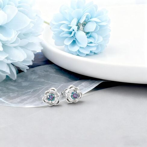 Rose Earrings for Women - Sterling Silver Stud Earrings Hypoallergenic Colorful Cubic Zirconia Rose Flower Post Earrings for Sensitive Ears Classic Lightweight Jewelry Gifts for Mother Wife in Saudi Arabia
