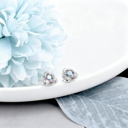 Rose Earrings for Women - Sterling Silver Stud Earrings Hypoallergenic Colorful Cubic Zirconia Rose Flower Post Earrings for Sensitive Ears Classic Lightweight Jewelry Gifts for Mother Wife in Saudi Arabia