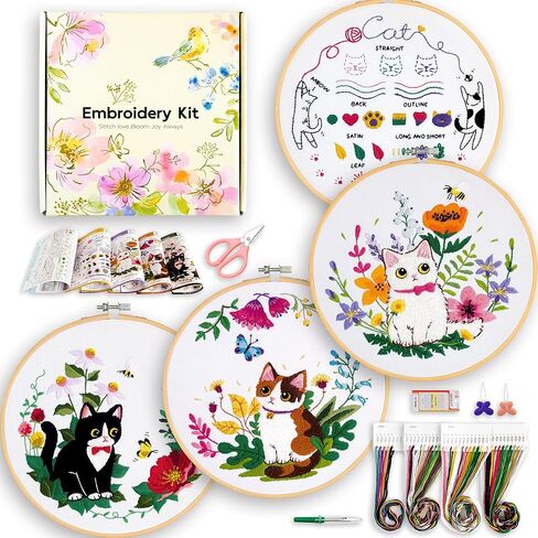 ZWZRAFT Embroidery Kit for Beginners, 4 Sets Embroidery Kit for Beginners Adults, Needle Point Kits Adults Beginner, Hand Embroidery Kit, Embroidery Starter Kit, Cat Embroidery Kit in Saudi Arabia