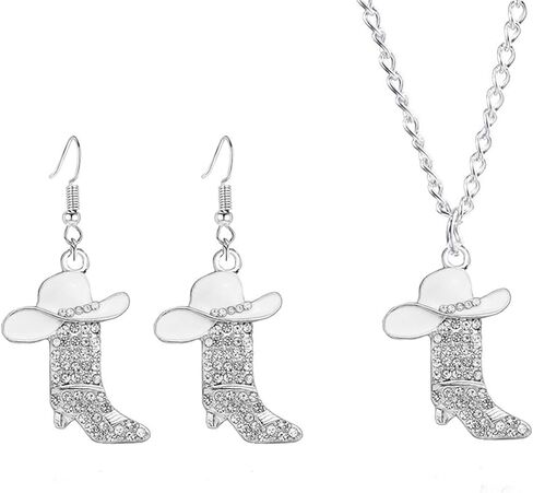 coadipress Western Boots Necklace Earrings Set for Women Dainty Handmade Rhinestone Cowboy Hat Tassel Boot Drop Dangle Earrings Concert Party Cowboy Outfits Jewelry in Saudi Arabia