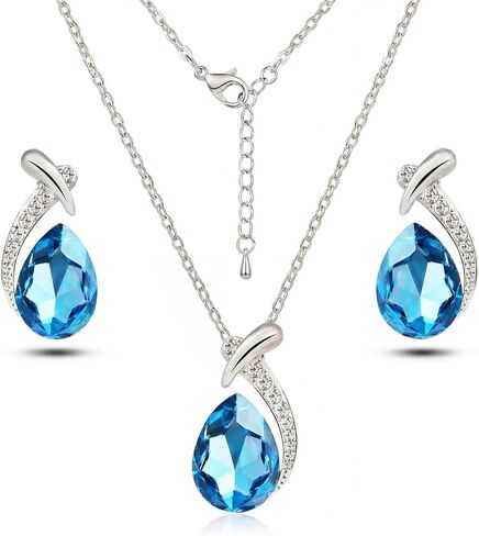 18" Silver Teardrop Pendant Necklace Teardrop Earrings Stud, Cubic Zirconia Crystal Teardrop Pendant Jewelry Set for Women, Gift Set For Bridesmaids,Wife,Mother,Girlfriend in Saudi Arabia