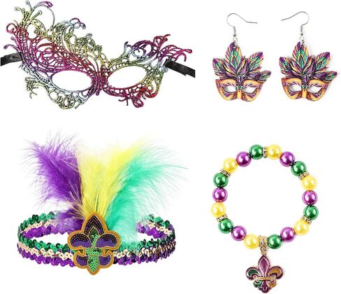 Mardi Gras Outfit Set Feather Headband Mask Earrings Bracelet for Carnival Halloween Party Costume Decoration in Saudi Arabia