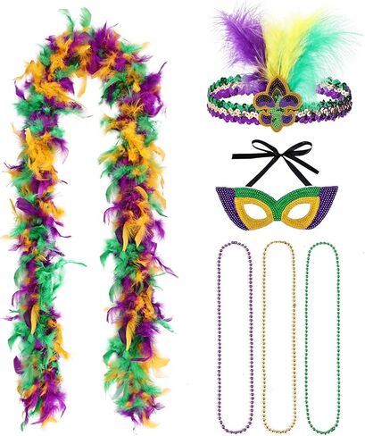 Mardi Gras Outfit Set Feather Headband Mask Earrings Bracelet for Carnival Halloween Party Costume Decoration in Saudi Arabia