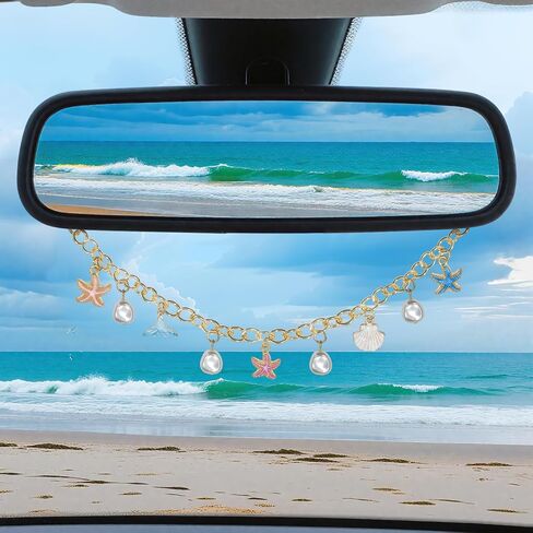 Starfish & Whale Tail Car Rearview Mirror Hanging – Coastal Boho Cars Charm Decor, Ocean Seashell Pearl Chain Ornament, Beach Car Interior Accessories for Women, Summer Vibes Gift for Drivers in Saudi Arabia
