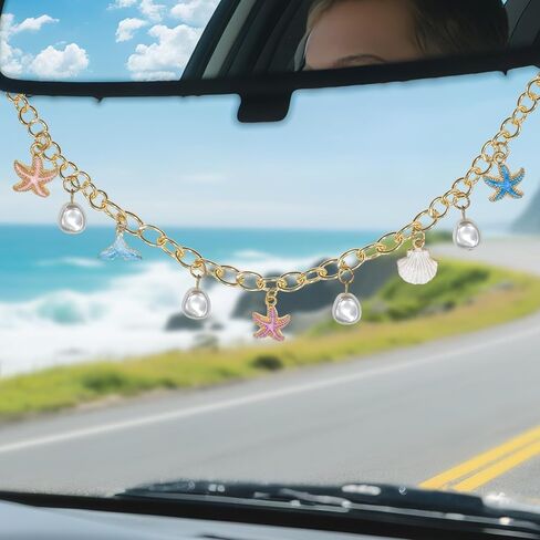Starfish & Whale Tail Car Rearview Mirror Hanging – Coastal Boho Cars Charm Decor, Ocean Seashell Pearl Chain Ornament, Beach Car Interior Accessories for Women, Summer Vibes Gift for Drivers in Saudi Arabia