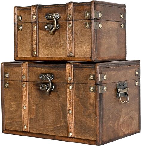 Vintage Wooden Storage Trunk Set of 2 with Antique Finish, Decorative Wooden Boxes with Metal Embellishments, Nesting Treasure Chest for Home Décor, Jewelry, Keepsakes, Gifts, Brown in Kuwait