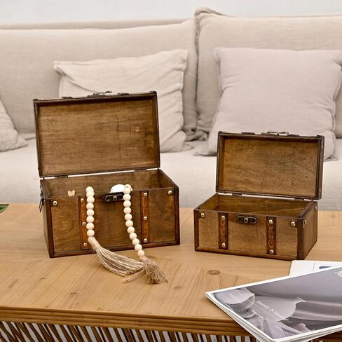 Vintage Wooden Storage Trunk Set of 2 with Antique Finish, Decorative Wooden Boxes with Metal Embellishments, Nesting Treasure Chest for Home Décor, Jewelry, Keepsakes, Gifts, Brown in Kuwait