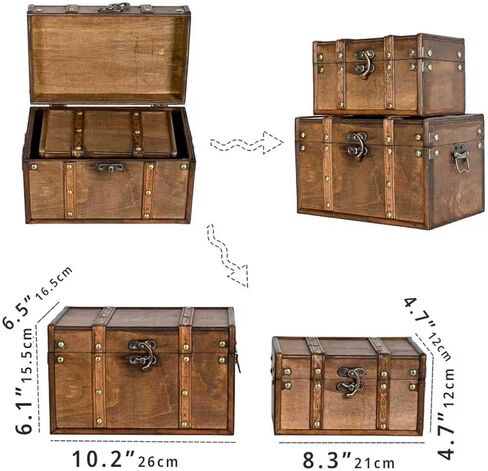 Vintage Wooden Storage Trunk Set of 2 with Antique Finish, Decorative Wooden Boxes with Metal Embellishments, Nesting Treasure Chest for Home Décor, Jewelry, Keepsakes, Gifts, Brown in Kuwait