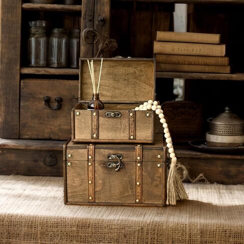 Vintage Wooden Storage Trunk Set of 2 with Antique Finish, Decorative Wooden Boxes with Metal Embellishments, Nesting Treasure Chest for Home Décor, Jewelry, Keepsakes, Gifts, Brown in Kuwait