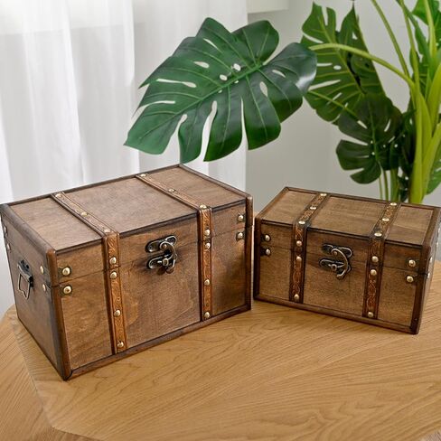 Vintage Wooden Storage Trunk Set of 2 with Antique Finish, Decorative Wooden Boxes with Metal Embellishments, Nesting Treasure Chest for Home Décor, Jewelry, Keepsakes, Gifts, Brown in Kuwait