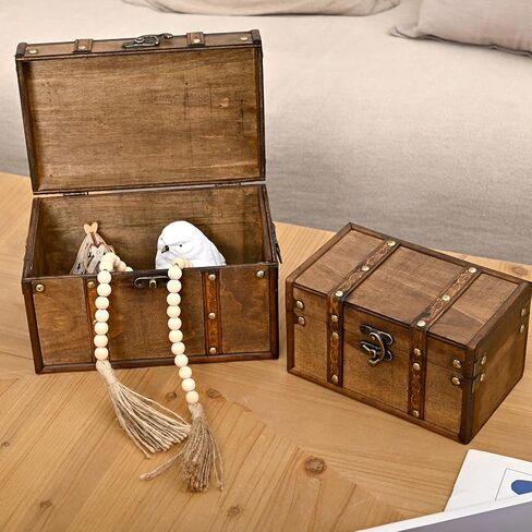 Vintage Wooden Storage Trunk Set of 2 with Antique Finish, Decorative Wooden Boxes with Metal Embellishments, Nesting Treasure Chest for Home Décor, Jewelry, Keepsakes, Gifts, Brown in Kuwait