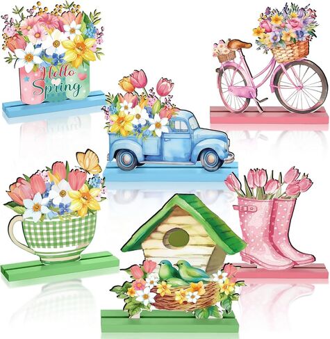 Barydat 6 Pcs Spring Wooden Table Decor Farmhouse Wood Signs Gnome Floral Truck Wooden Plaque for Party Hello Spring Table Centerpiece Decor for Home Kitchen (Truck) in Saudi Arabia