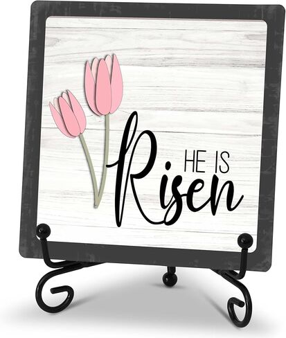 Hello Spring Decor, 5" x 5" Rustic Floral Wood Plaque with Stand for Home Bathroom Farmhouse Table Decoration, Spring Holiday Decorations - C02 in Kuwait