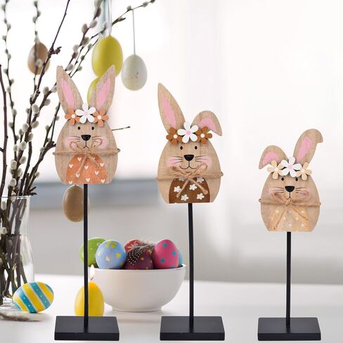 3 Pcs Easter Bunny Wooden Table Decor - Easter Rabbit Standing Tabletop Decorations, Rustic Bunny Block Sign Tiered Tray Decor, Farmhouse Wooden Centerpiece for Spring Party Home Mantel Office Desk in Saudi Arabia