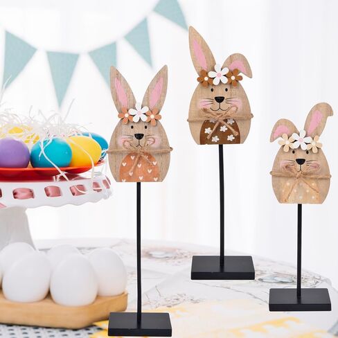 3 Pcs Easter Bunny Wooden Table Decor - Easter Rabbit Standing Tabletop Decorations, Rustic Bunny Block Sign Tiered Tray Decor, Farmhouse Wooden Centerpiece for Spring Party Home Mantel Office Desk in Saudi Arabia