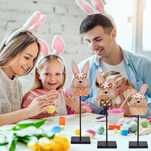 3 Pcs Easter Bunny Wooden Table Decor - Easter Rabbit Standing Tabletop Decorations, Rustic Bunny Block Sign Tiered Tray Decor, Farmhouse Wooden Centerpiece for Spring Party Home Mantel Office Desk in Saudi Arabia