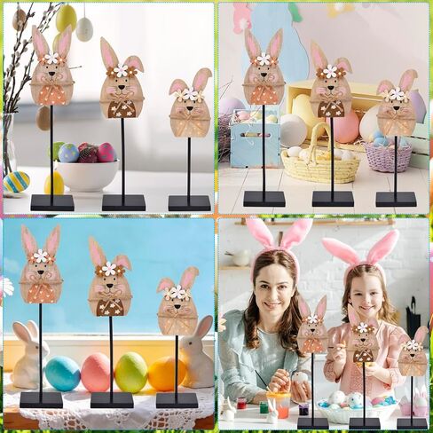 3 Pcs Easter Bunny Wooden Table Decor - Easter Rabbit Standing Tabletop Decorations, Rustic Bunny Block Sign Tiered Tray Decor, Farmhouse Wooden Centerpiece for Spring Party Home Mantel Office Desk in Saudi Arabia