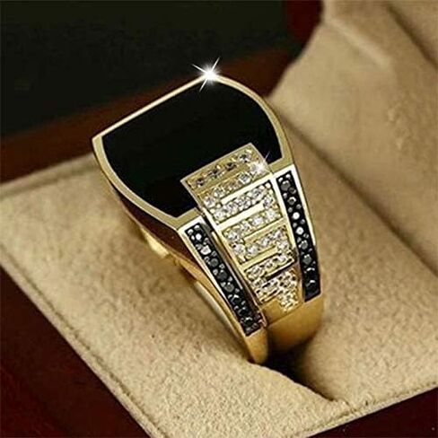 Hip Hop Ring for Men Fashion Cuban Link Chain Ring Retro 18K Gold Plated with Black Agate Classic Color-Preserving Luxury Fashion Diamond Ring Gentleman, Men's Ring for for Men s Size 11 in Kuwait