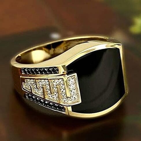 Hip Hop Ring for Men Fashion Cuban Link Chain Ring Retro 18K Gold Plated with Black Agate Classic Color-Preserving Luxury Fashion Diamond Ring Gentleman, Men's Ring for for Men s Size 11 in Saudi Arabia
