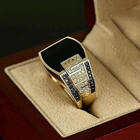 Hip Hop Ring for Men Fashion Cuban Link Chain Ring Retro 18K Gold Plated with Black Agate Classic Color-Preserving Luxury Fashion Diamond Ring Gentleman, Men's Ring for for Men s Size 11 in Saudi Arabia