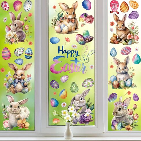 Easter Window Clings Bunny Decorations - 9 Sheet Watercolor Vintage Easter Bunny Eggs Flowers Rustic Spring Window Clings for Glass Windows,for Spring Easter Home Decorations Party Supplies in Saudi Arabia
