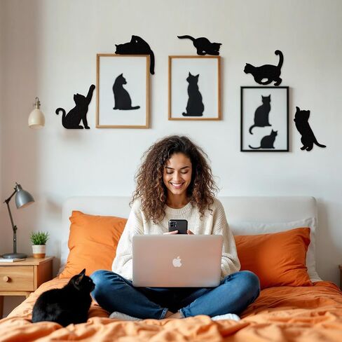 Pinetree Art 5 Pieces Funny Black Cat Wall Decor, Cute Wooden Cat Silhouettes DIY Decorations for Children's Rooms Bedroom Bathroom - Gifts for Cat Lovers (Black 2, Set, wood) in Kuwait