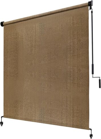 KANAGAWA 12' W x 8' H Patio Shades Roll Up Blinds with Splicing Design, Cordless Outdoor Roller Shades for Outside, Exterior Roller Sun Shade Cloth for Porch Pergola Balcony Backyard, Walnut in Kuwait