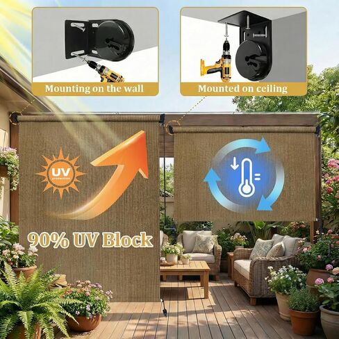 KANAGAWA 12' W x 8' H Patio Shades Roll Up Blinds with Splicing Design, Cordless Outdoor Roller Shades for Outside, Exterior Roller Sun Shade Cloth for Porch Pergola Balcony Backyard, Walnut in Kuwait