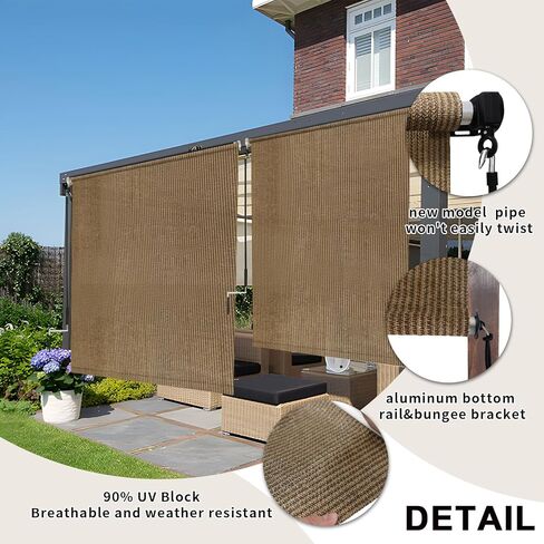 KANAGAWA 12' W x 8' H Patio Shades Roll Up Blinds with Splicing Design, Cordless Outdoor Roller Shades for Outside, Exterior Roller Sun Shade Cloth for Porch Pergola Balcony Backyard, Walnut in Kuwait