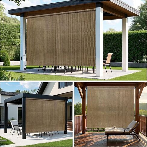 KANAGAWA 12' W x 8' H Patio Shades Roll Up Blinds with Splicing Design, Cordless Outdoor Roller Shades for Outside, Exterior Roller Sun Shade Cloth for Porch Pergola Balcony Backyard, Walnut in Kuwait