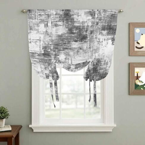 Black Grey Ombre Tie Up Curtains for Window, Gradient Abstract Art Vintage Thermal Insulated Balloon Shade Adjustable Rod Pocket Curtains Valance Panels for Kitchen Bathroom Café 52'' x 45'' in Saudi Arabia