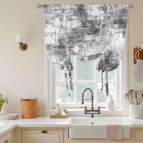 Black Grey Ombre Tie Up Curtains for Window, Gradient Abstract Art Vintage Thermal Insulated Balloon Shade Adjustable Rod Pocket Curtains Valance Panels for Kitchen Bathroom Café 52'' x 45'' in Saudi Arabia