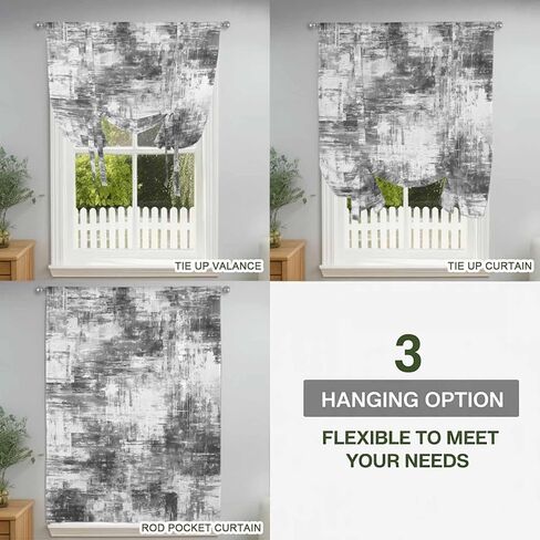 Black Grey Ombre Tie Up Curtains for Window, Gradient Abstract Art Vintage Thermal Insulated Balloon Shade Adjustable Rod Pocket Curtains Valance Panels for Kitchen Bathroom Café 52'' x 45'' in Saudi Arabia