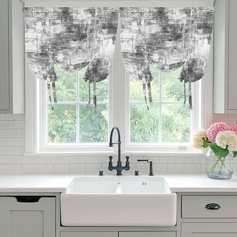 Black Grey Ombre Tie Up Curtains for Window, Gradient Abstract Art Vintage Thermal Insulated Balloon Shade Adjustable Rod Pocket Curtains Valance Panels for Kitchen Bathroom Café 52'' x 45'' in Saudi Arabia