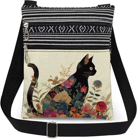 Floral Cat Print Crossbody Bag Travel Adjustable Shoulder Strap Messenger Bag Charming Gift for Artistic Teens (Birthday & Seasonal Celebrations)​​ in Saudi Arabia