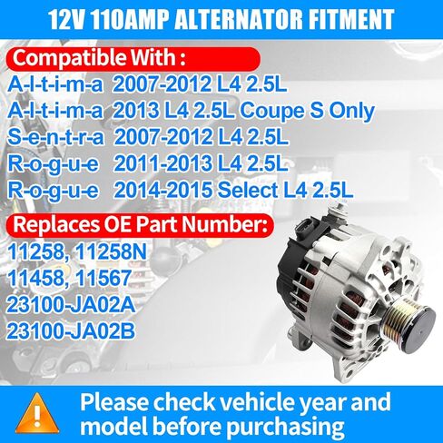 11258 Alternator Replacement Compatible with Sen-tra & Al-tima 2007-2012 | Al-tima 2013 Coupe S | Ro-gue 2011-2013 | Ro-gue 2014 2015 Select L4 2.5L 110 AMP Alternator Replace OE# 23100-JA02A in Kuwait
