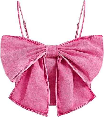 SHENHE Women's Bow Denim Crop Top Y2k Spaghetti Strap Smocked Jean Tank Camisole in Saudi Arabia