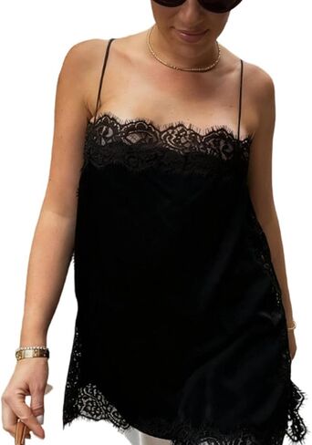 Satin Lace Trim Cami Tops for Women Silk V Neck Spaghetti Strap Camisole Sexy Going Out Party Shirts in Kuwait