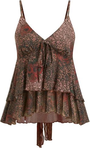CIDER Womens Going Out Tops Boho Babydoll Mesh Ruffle Asymmetrical Hem Spaghetti Strap Tank Crop Tops Concert Club Outfits in Saudi Arabia