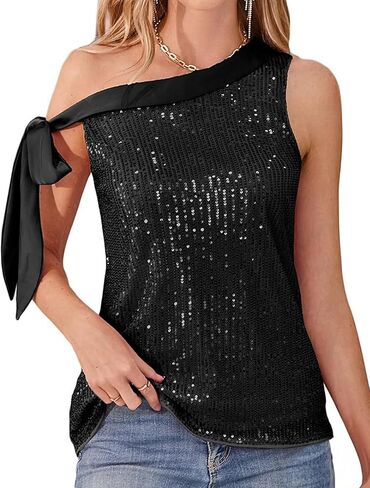 Testudineus Womens Sparkle Sequin One Shoulder Shirt Tank Top Bow Knot Sleeveless Shiny Sequin Blouse Loose Fit Vest in Kuwait
