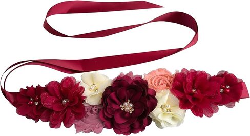 Maternity Flower Sash Belt Wine Red,Flower Sash for Pregnancy, Burgundy Belts Women for Dress in Kuwait