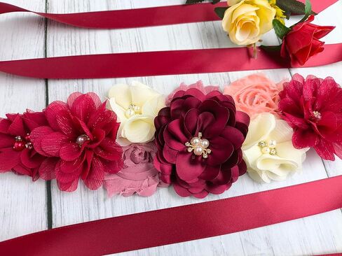 Maternity Flower Sash Belt Wine Red,Flower Sash for Pregnancy, Burgundy Belts Women for Dress in Kuwait