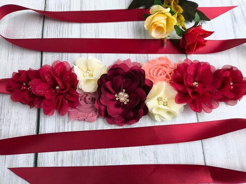 Maternity Flower Sash Belt Wine Red,Flower Sash for Pregnancy, Burgundy Belts Women for Dress in Kuwait