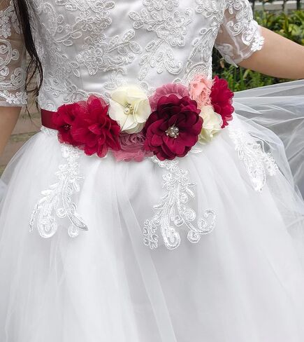 Maternity Flower Sash Belt Wine Red,Flower Sash for Pregnancy, Burgundy Belts Women for Dress in Kuwait