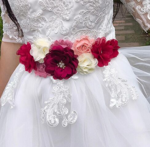 Maternity Flower Sash Belt Wine Red,Flower Sash for Pregnancy, Burgundy Belts Women for Dress in Kuwait