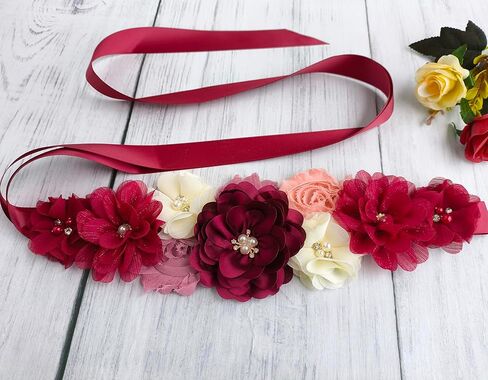 Maternity Flower Sash Belt Wine Red,Flower Sash for Pregnancy, Burgundy Belts Women for Dress in Kuwait