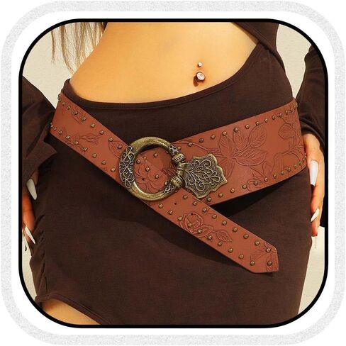 Wide Boho Belt Brown Chunky Belts Western Vintage Floral Belt Accessories for Women in Saudi Arabia