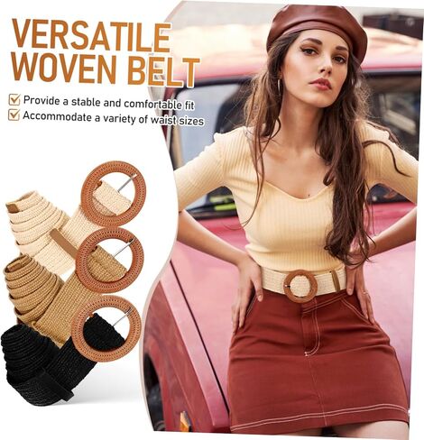 LIFKOME 3 Pcs Women's Woven Belt Boho Style Stretchy Dress Jeans Waist Belt Black in Saudi Arabia